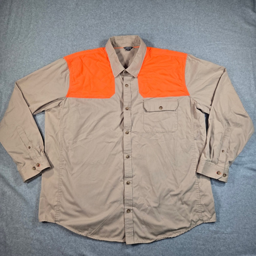 Orvis Mens XXL Khaki Blaze Orange Quilted Shoulder Shooting Hunting Shirt 20F7